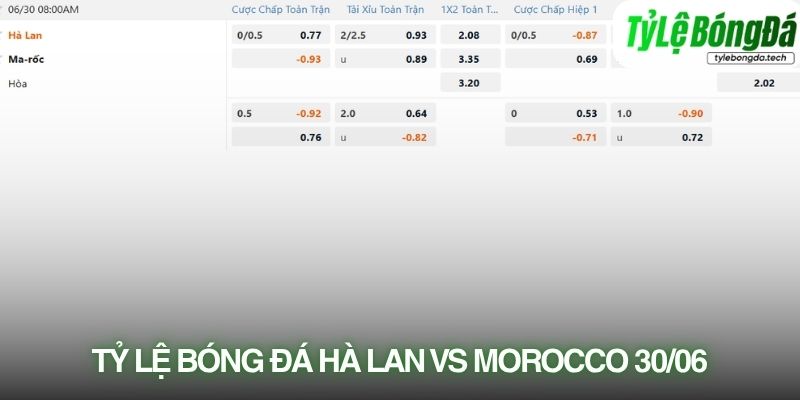 Tỷ lệ bóng đá Hà Lan vs Morocco 30/06