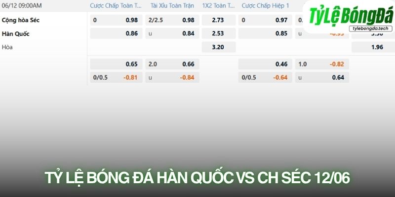 Tỷ lệ bóng đá Hàn Quốc vs CH Séc 12/06
