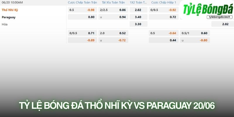 Tỷ lệ bóng đá Thổ Nhĩ Kỳ vs Paraguay 20/06